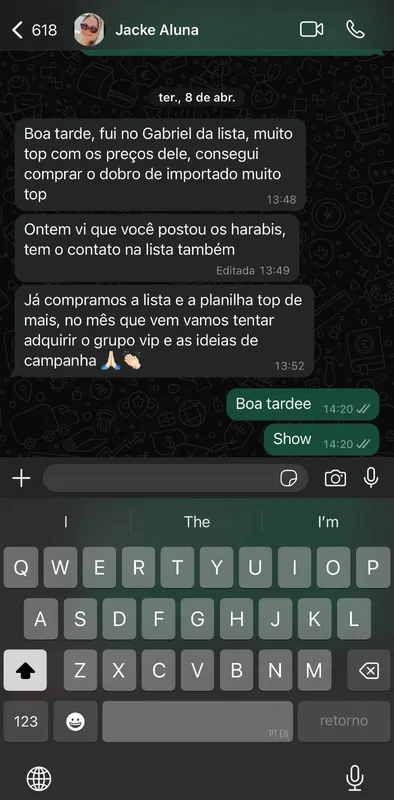 Print de conversa: aluna relatando preços bons com fornecedor encontrado na lista