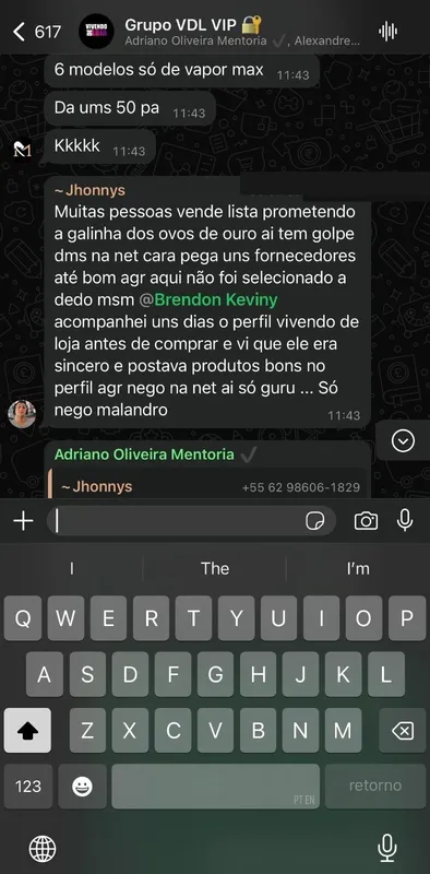 Print do grupo VIP: membro explicando por que confiou na Vivendo de Loja antes de comprar